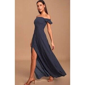 Lulus Women's Dream Love Navy Blue Polka Dot‎ Off-The-Shoulder Maxi Dress Size S